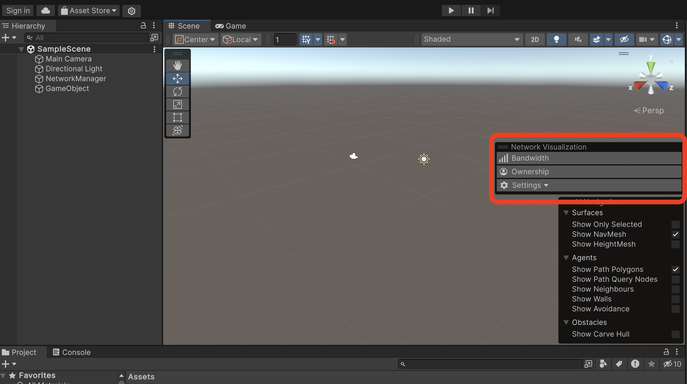 Screenshot of the Network Scene Visualization toolbar in the scene view of the Unity Editor
